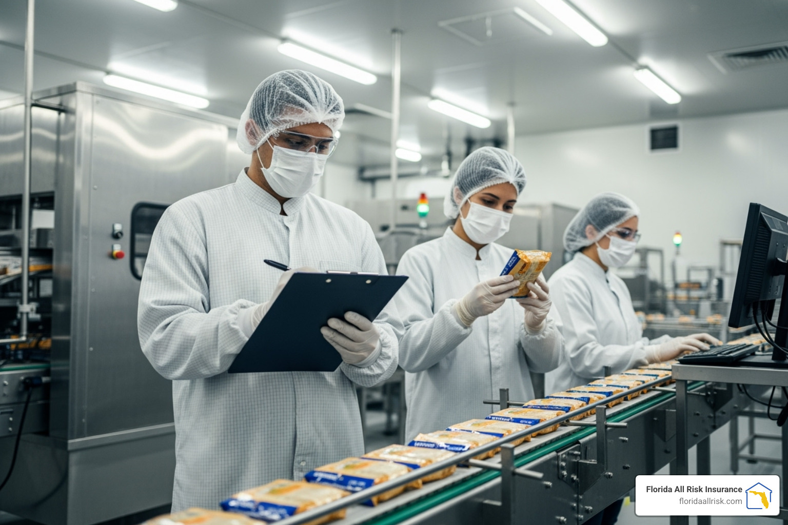 Workers in protective gear inside a food manufacturing facility, emphasizing quality control and safety standards - product liability insurance rate