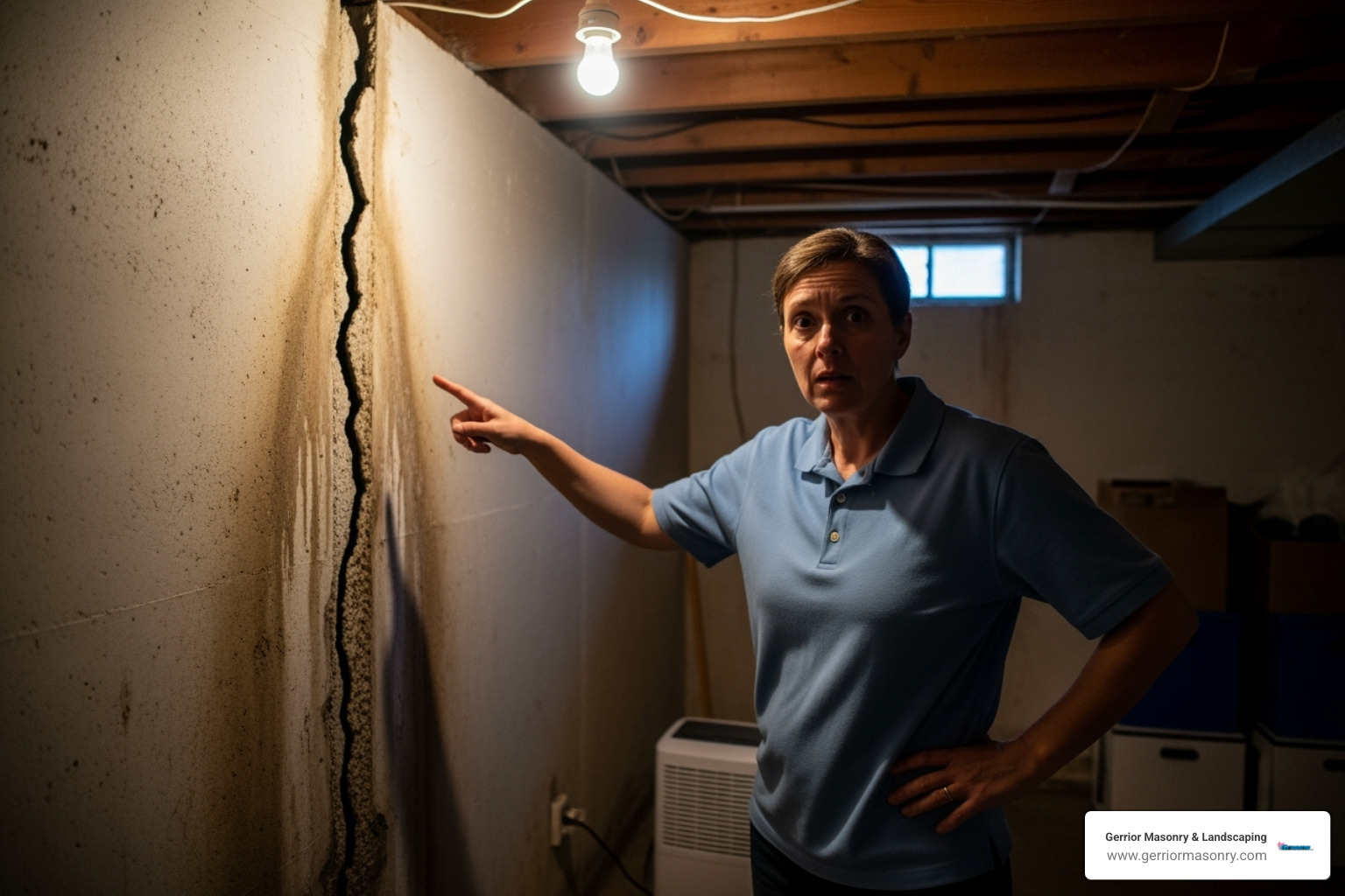 A homeowner pointing to a large crack in their basement wall - Foundation repair local A homeowner pointing to a large crack in their basement wall - Foundation repair local