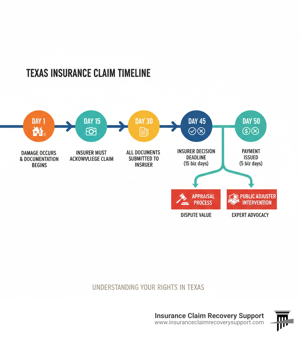 Detailed infographic showing the Texas insurance claim process timeline with key deadlines: Day 1 - Property damage occurs and documentation begins, Day 15 - Insurance company must acknowledge claim, Day 30 - All documentation submitted to insurer, Day 45 - Insurance company decision deadline (15 business days after receiving docs), Day 50 - Payment must be issued if approved (5 business days), with alternative paths showing appraisal process and public adjuster intervention options - insurance claim process Austin infographic 