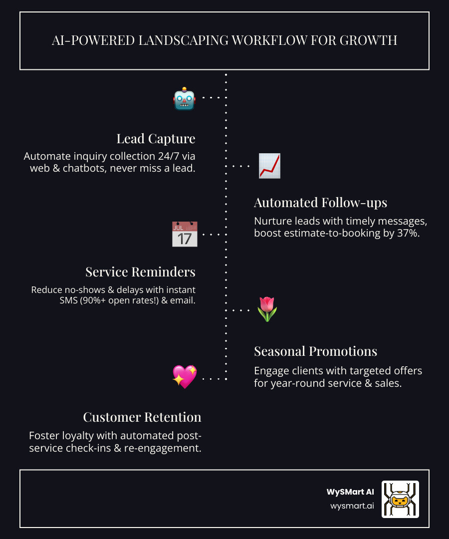 Infographic showing WySMart AI's automated email and SMS workflow for landscaping companies, featuring lead capture, automated follow-ups, appointment reminders, seasonal promotions, and customer retention campaigns with conversion rate improvements - landscaping companies - ai email & sms campaigns infographic infographic-line-5-steps-dark Infographic showing WySMart AI's automated email and SMS workflow for landscaping companies, featuring lead capture, automated follow-ups, appointment reminders, seasonal promotions, and customer retention campaigns with conversion rate improvements - landscaping companies - ai email & sms campaigns infographic infographic-line-5-steps-dark