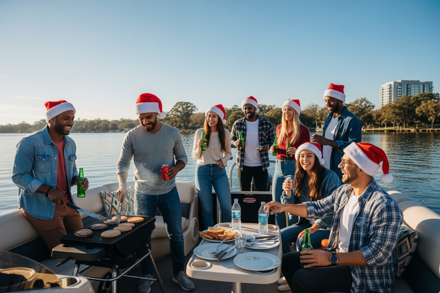 A group of friends having a BBQ on a pontoon boat with Christmas hats on - Gold Coast Christmas cruise