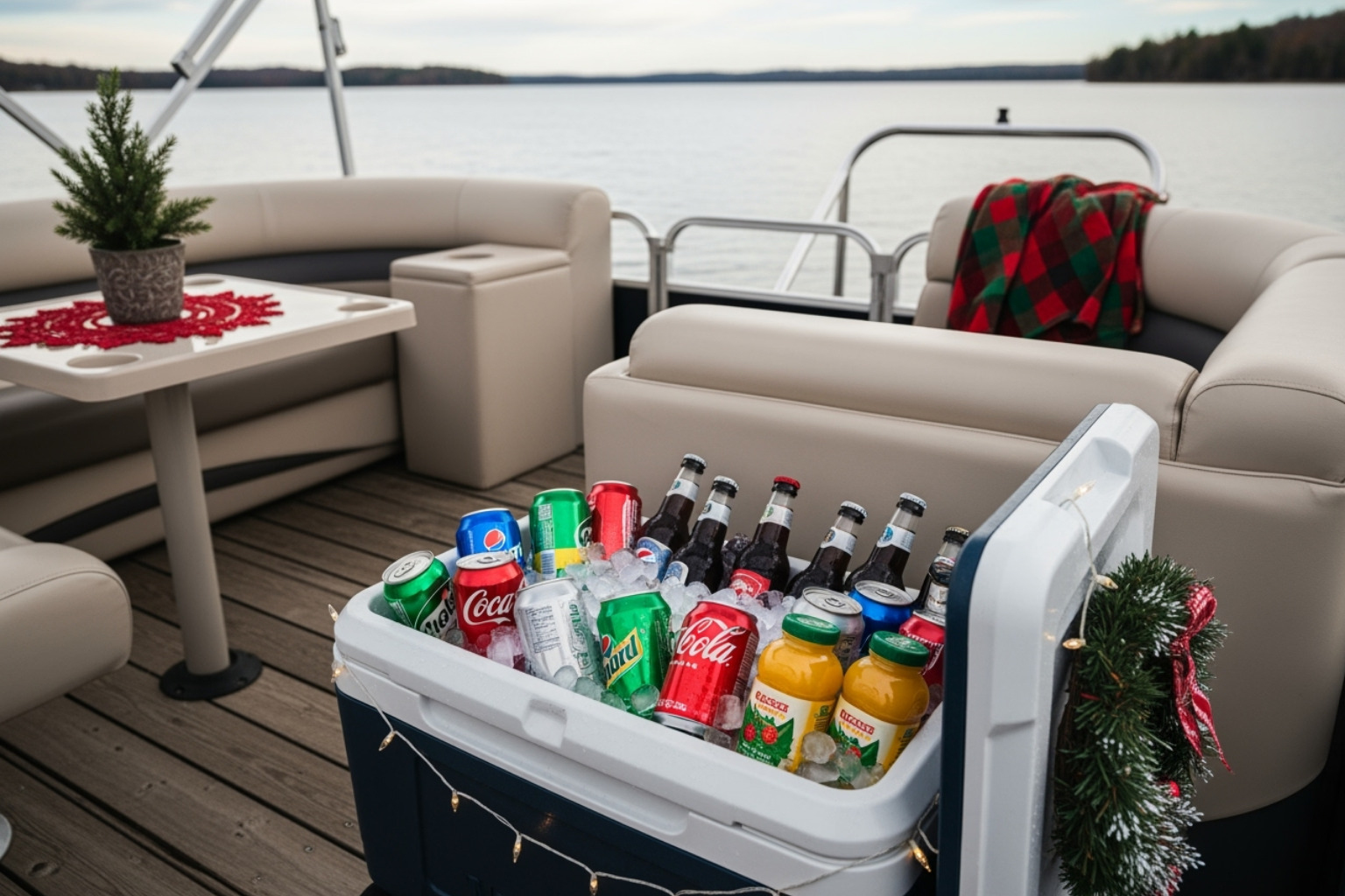 Christmas decorations and cold drinks on a pontoon boat, ready for a fun Gold Coast Christmas cruise party.