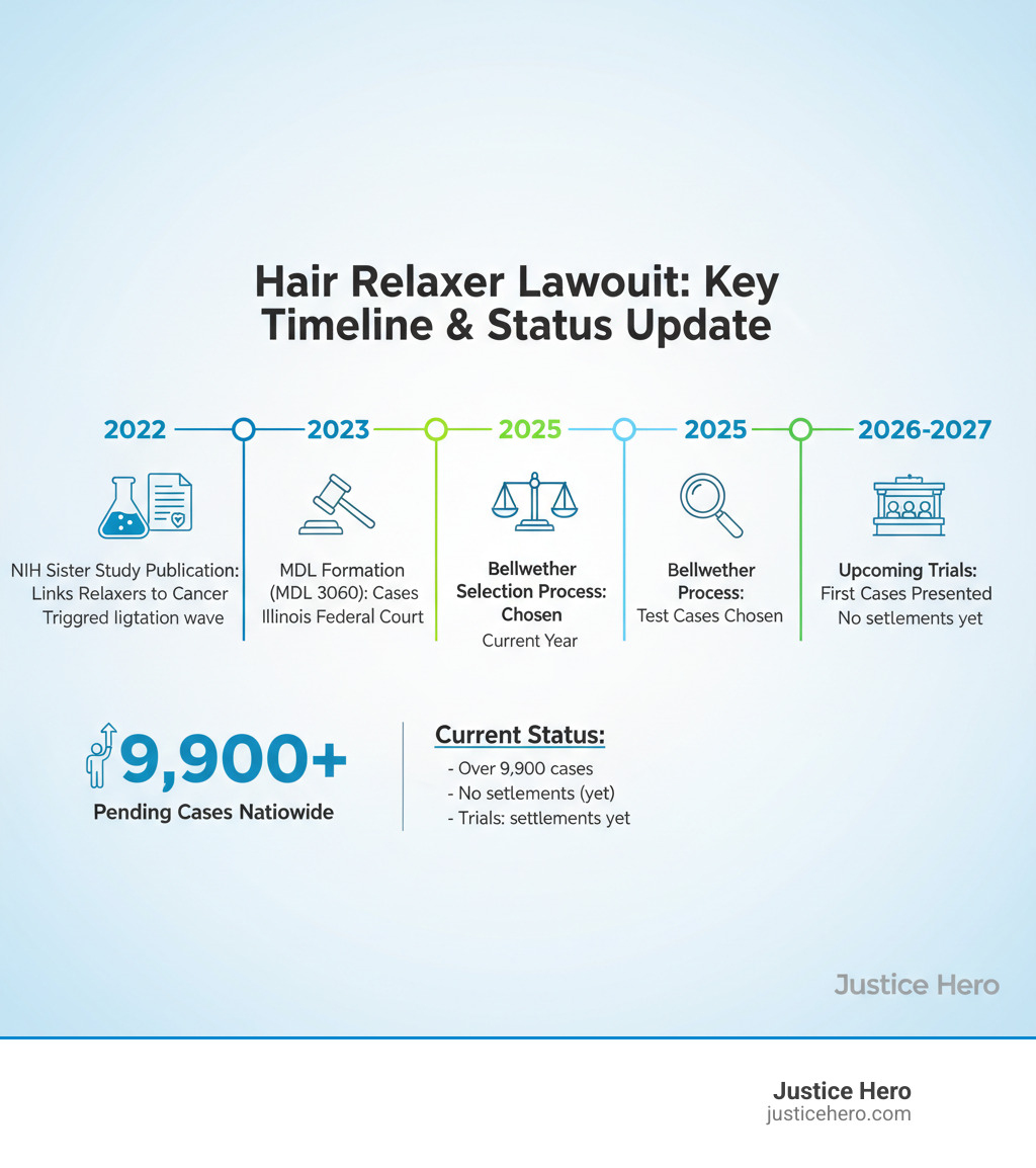 Infographic showing timeline from 2022 NIH Sister Study publication through current MDL status with over 9,900 pending cases, key milestones including MDL formation in 2023, bellwether selection process in 2025, and upcoming trials in 2026-2027 - hair relaxer lawsuit update infographic 