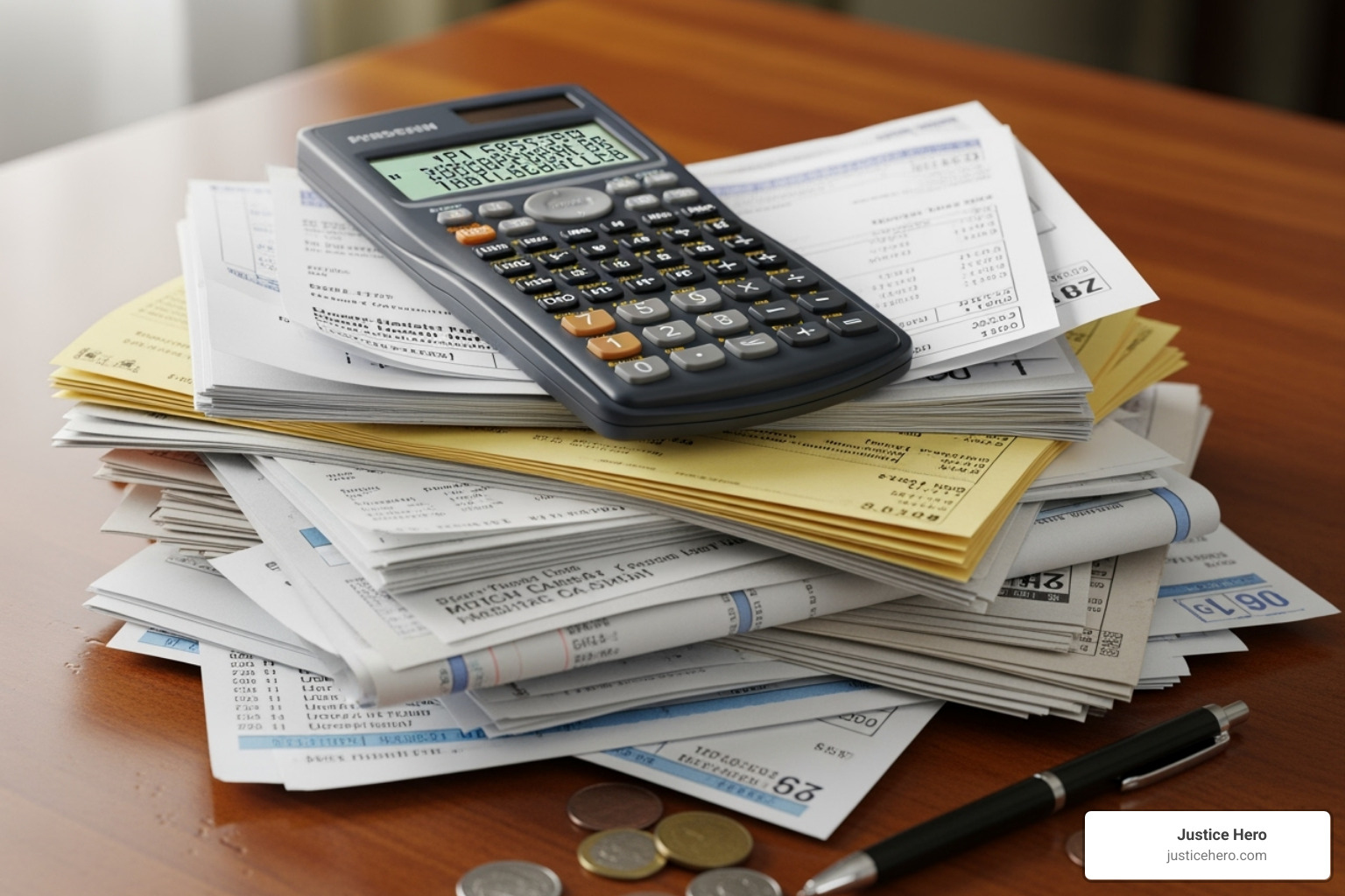 A calculator resting on a stack of medical bills, symbolizing the financial calculation of damages in a lawsuit. - hair relaxer lawsuit update