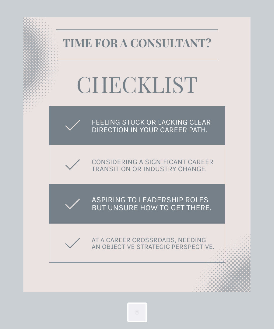 Infographic explaining the key signs it's time to partner with a career consultant - career consultant online infographic checklist-light-blue-grey