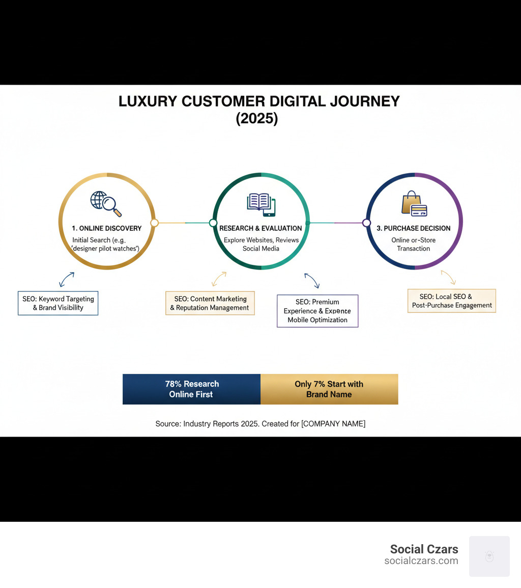 Infographic showing the luxury customer journey from initial online search through research phase to final purchase decision, highlighting key touchpoints where SEO influences brand perception and purchase intent - luxury brand seo agency infographic Infographic showing the luxury customer journey from initial online search through research phase to final purchase decision, highlighting key touchpoints where SEO influences brand perception and purchase intent - luxury brand seo agency infographic