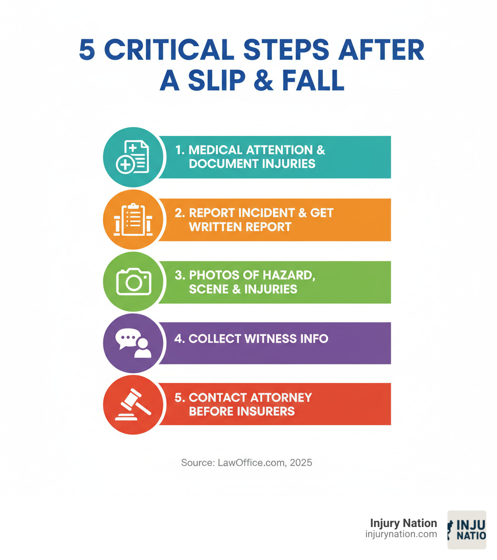 Infographic showing 5 critical steps after a slip and fall: 1) Seek immediate medical attention and document injuries, 2) Report incident to property owner and request written report, 3) Take photos of hazard, scene, and injuries, 4) Collect witness contact information, 5) Contact experienced slip and fall attorney before speaking to insurance companies - best attorney for slip and falls infographic 