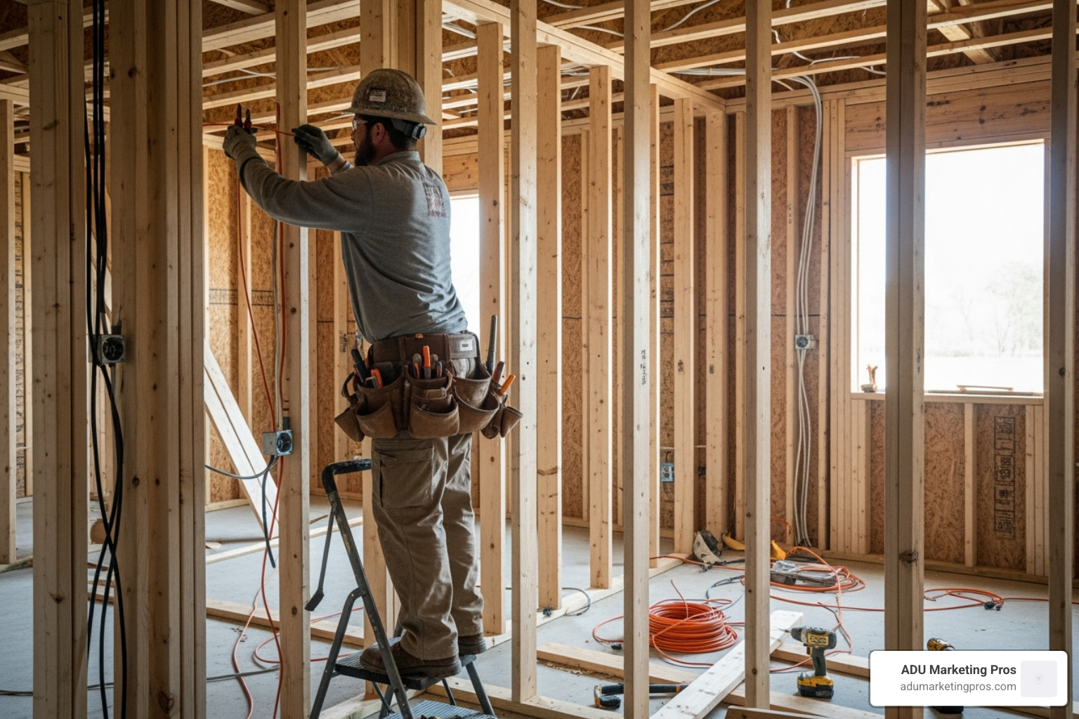 A construction worker installing new electrical wiring in the framed walls of a detached garage conversion, highlighting system upgrades. - how much does a detached garage conversion cost