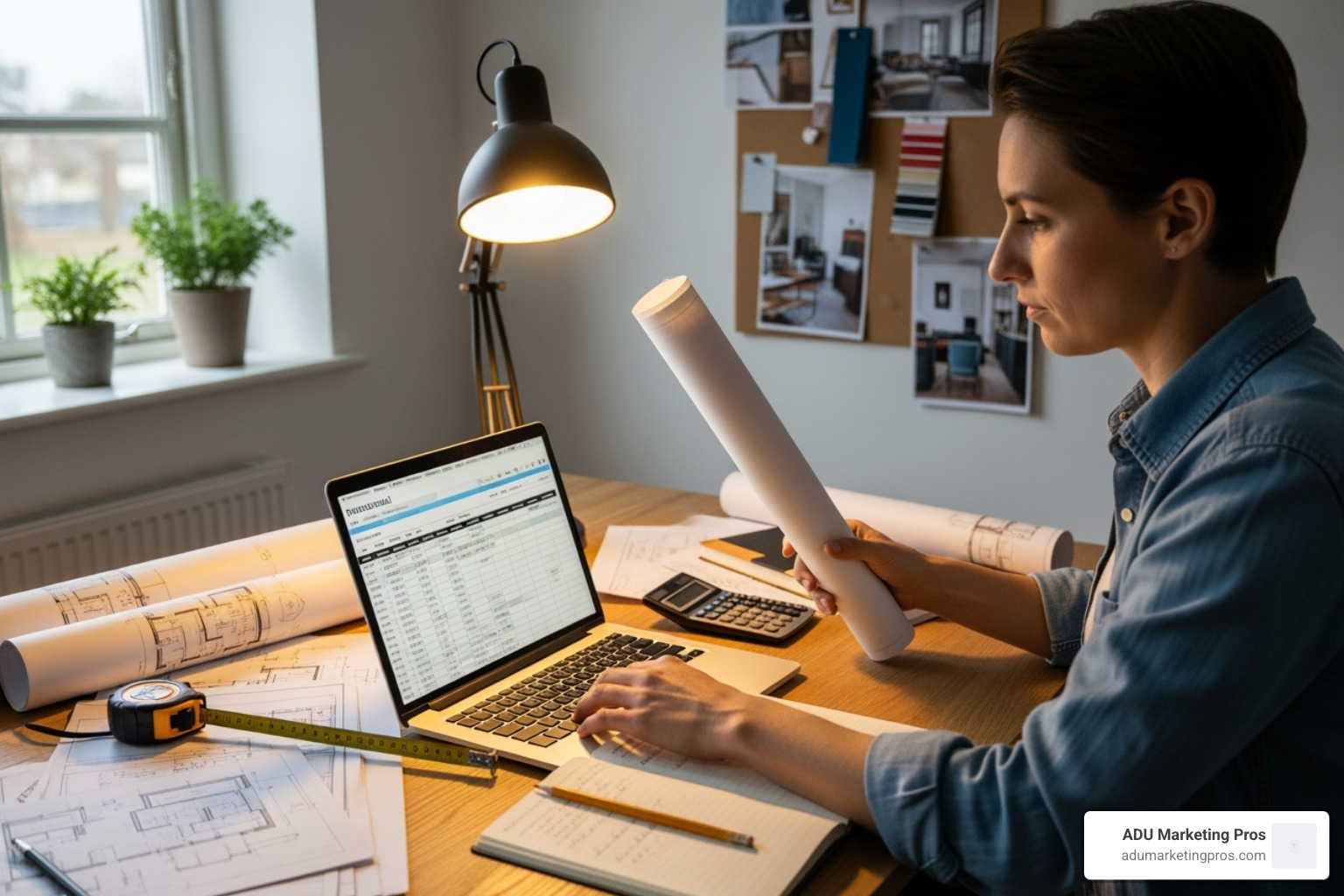 A person at a desk reviewing blueprints and a cost spreadsheet for a garage conversion project, with a laptop and calculator. - how much does a detached garage conversion cost