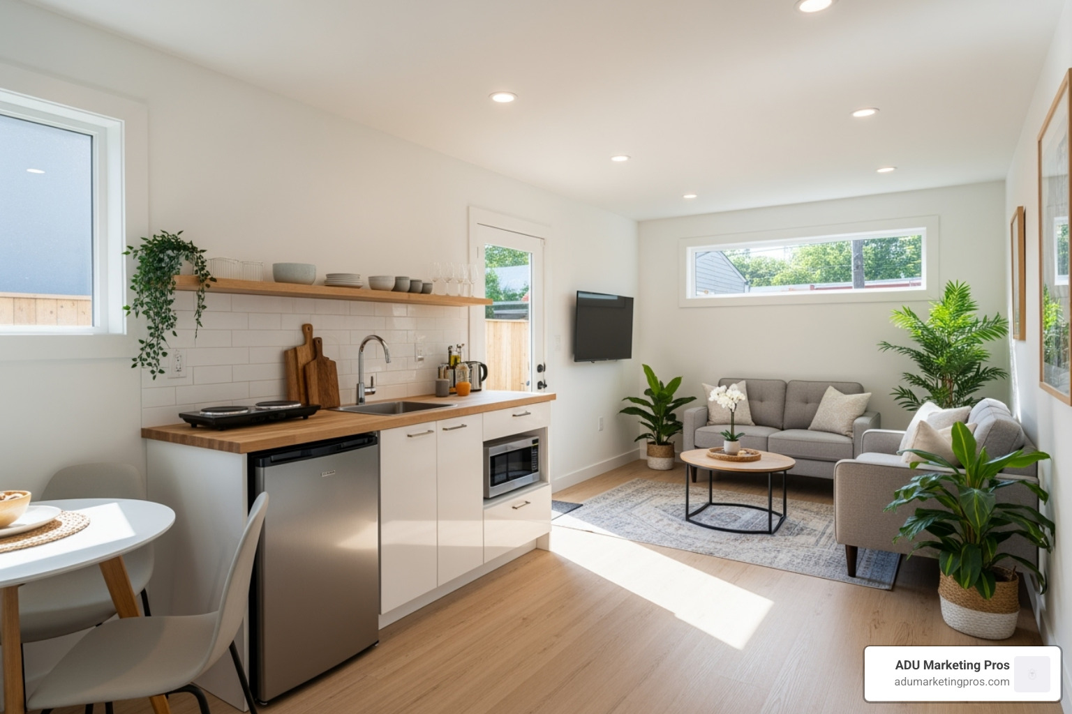 A modern, brightly lit interior of a converted detached garage ADU, featuring a small kitchen and living area, showcasing the added value. - how much does a detached garage conversion cost