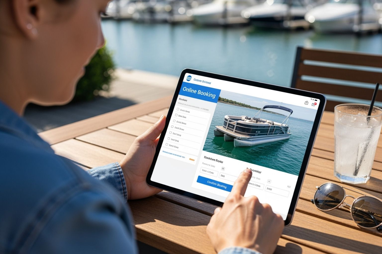 A customer booking their midweek pontoon hire online using a tablet while sitting outdoors by the marina.