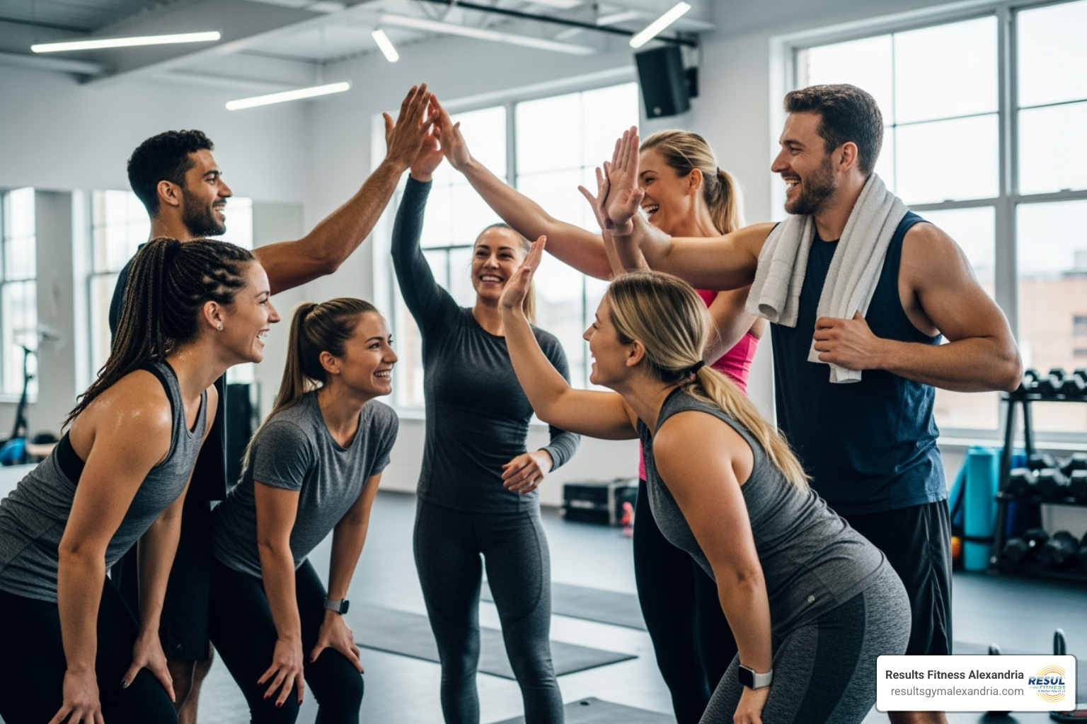 A diverse group of people celebrating and high-fiving after a challenging but rewarding fitness class - gym with fitness classes