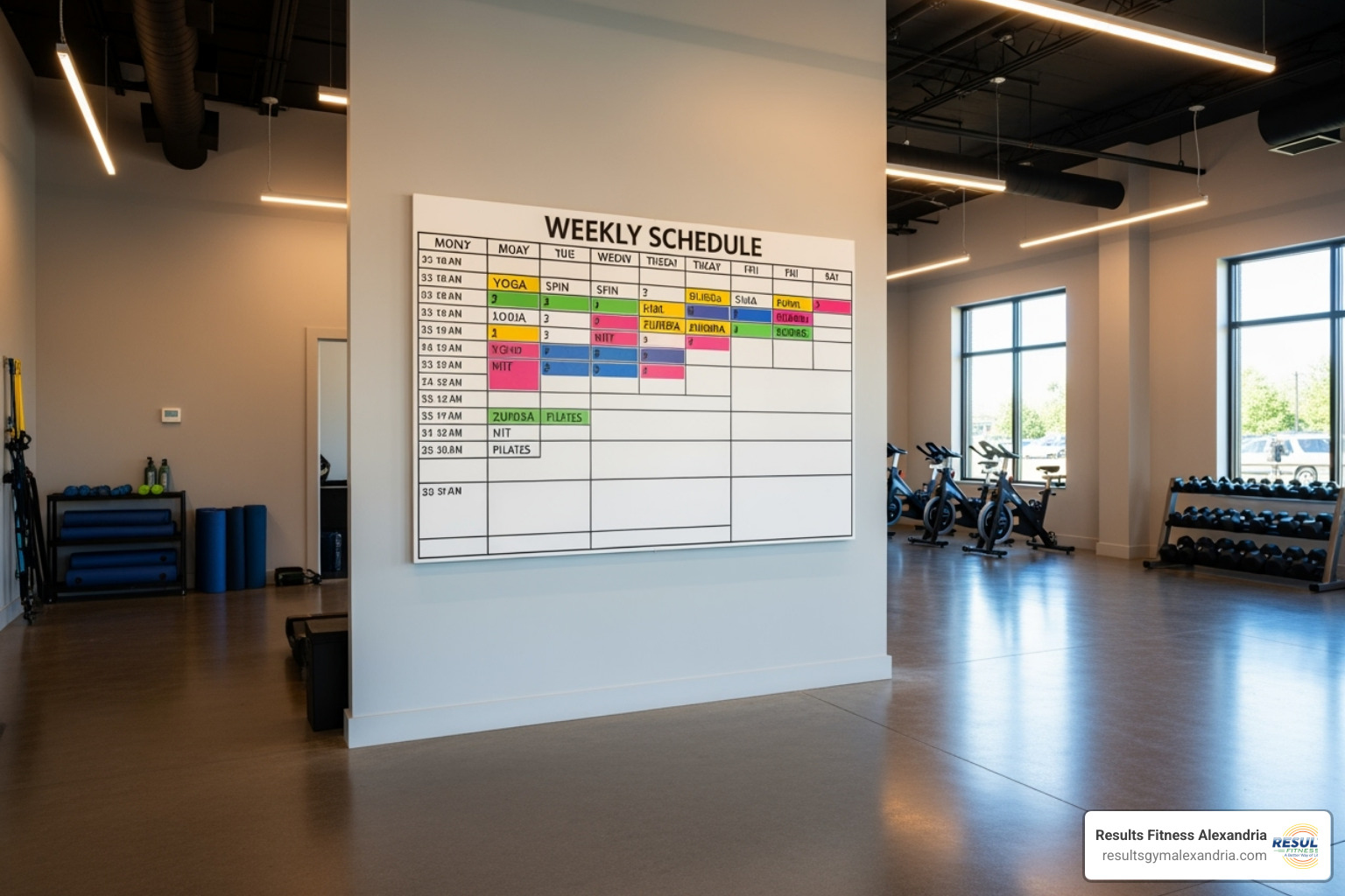 A brightly lit studio with a diverse weekly fitness class schedule board, showing various class types and times - gym with fitness classes