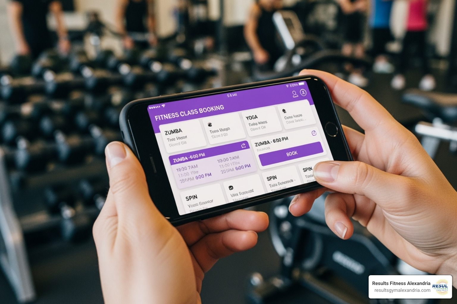 A person's hands holding a smartphone, actively booking a fitness class using a mobile app, with a gym background - gym with fitness classes