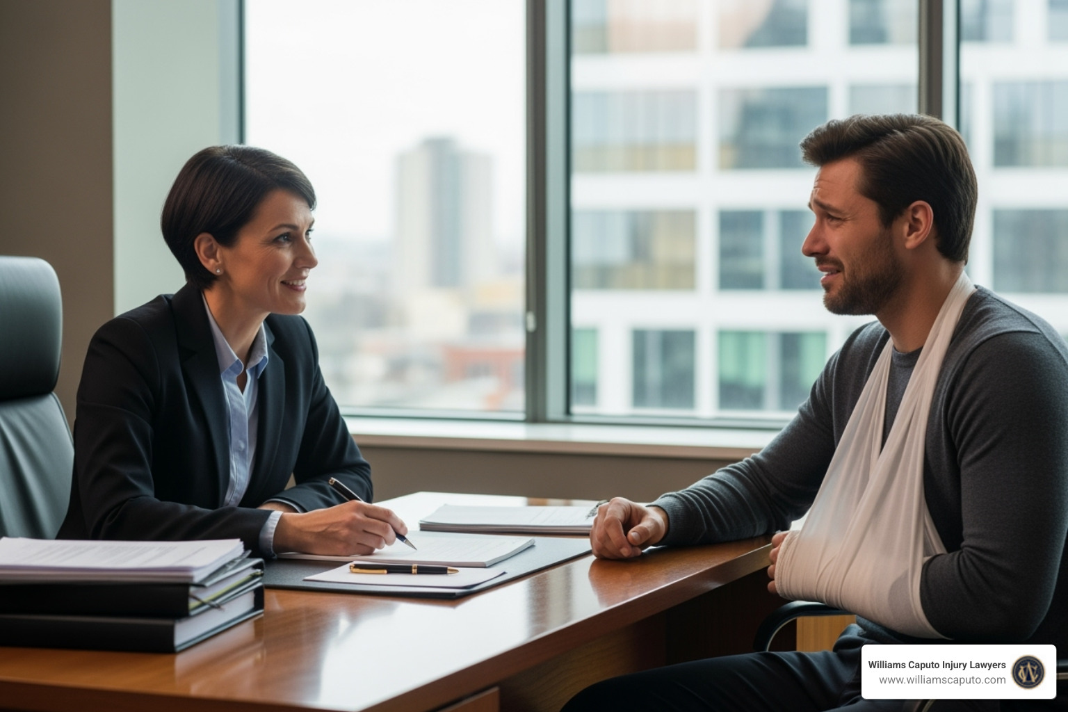 Lawyer compassionately consulting with an injured client - Texas work injury lawyer