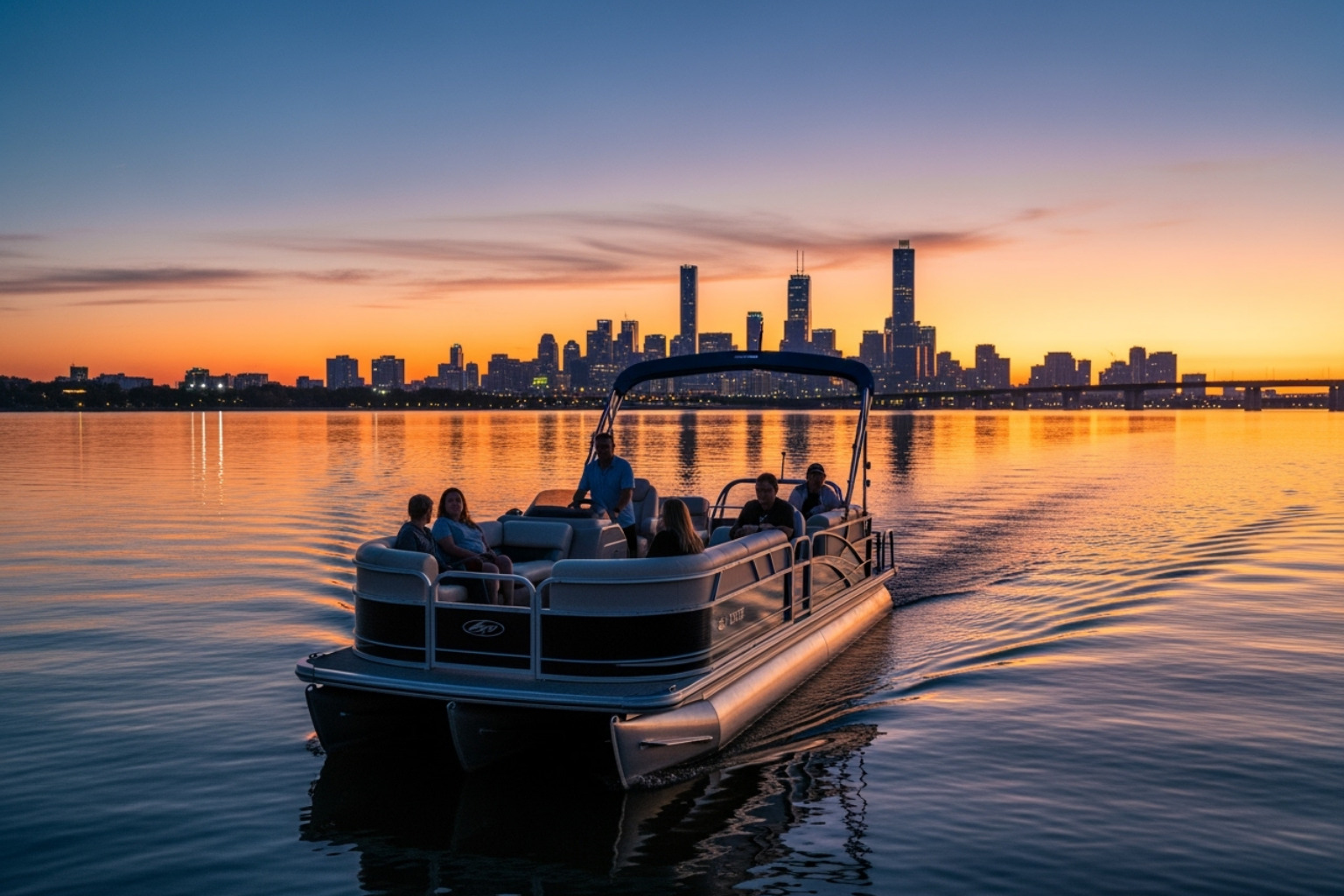 A pontoon boat gently cruising along the Gold Coast Broadwater at sunset, with the city lights beginning to twinkle in the background. - Full day vs half day pontoon hire A pontoon boat gently cruising along the Gold Coast Broadwater at sunset, with the city lights beginning to twinkle in the background. - Full day vs half day pontoon hire