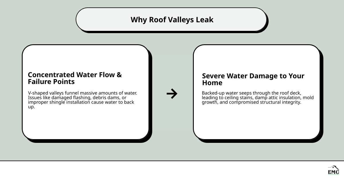 Comprehensive roof valley repair process infographic showing water flow physics, common failure points including cracked flashing and debris dams, proper installation sequence with waterproof underlayment and metal flashing, and comparison between open and closed valley systems with their respective maintenance requirements - roof valley repair infographic cause_effect_text Comprehensive roof valley repair process infographic showing water flow physics, common failure points including cracked flashing and debris dams, proper installation sequence with waterproof underlayment and metal flashing, and comparison between open and closed valley systems with their respective maintenance requirements - roof valley repair infographic cause_effect_text