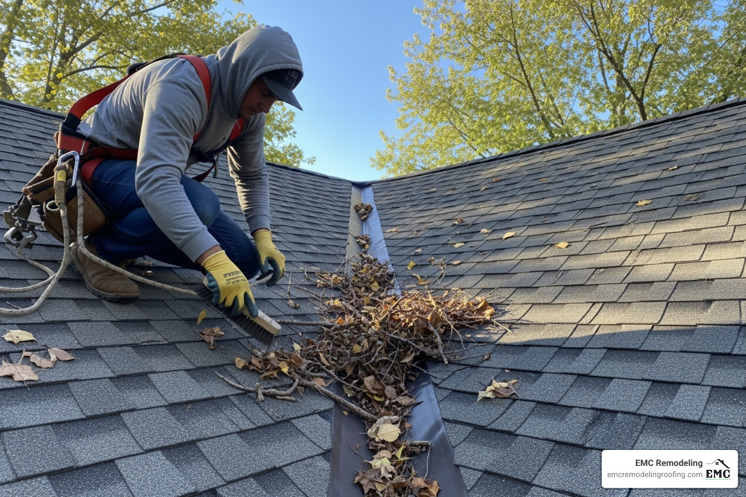 Roofer cleaning debris out of a roof valley - roof valley repair Roofer cleaning debris out of a roof valley - roof valley repair