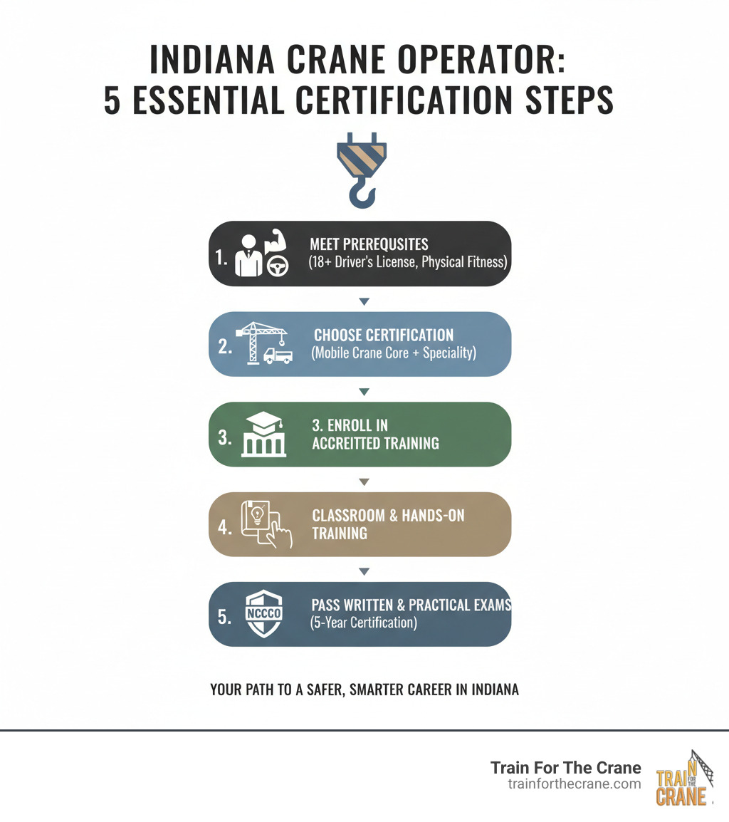 Comprehensive guide showing the 5 essential steps to become a certified crane operator in Indiana: 1) Meet prerequisites (18+ years, driver's license, physical fitness), 2) Choose certification type (Mobile Crane Core plus specialty), 3) Enroll in accredited training program, 4) Complete classroom and hands-on training, 5) Pass written and practical NCCCO exams for 5-year certification - crane operator training near Danville IN infographic 