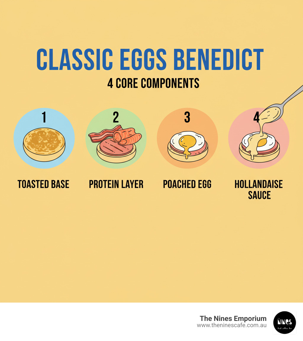 Step-by-step guide showing the four core components of classic Eggs Benedict: toasted English muffin base, protein layer (bacon, ham, or salmon), perfectly poached egg with runny yolk, and creamy hollandaise sauce drizzled on top - eggs benedicts infographic 