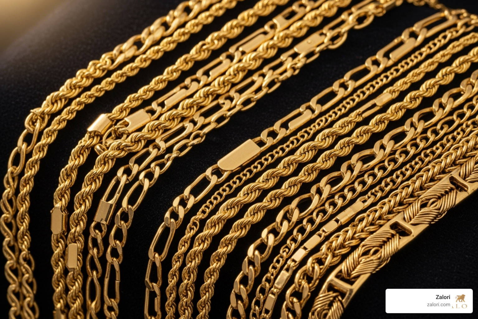 Various Zalori gold chains (Figaro, Rope, Franco) displayed together on a velvet surface - 14k solid gold cuban link chain 20 inch Various Zalori gold chains (Figaro, Rope, Franco) displayed together on a velvet surface - 14k solid gold cuban link chain 20 inch