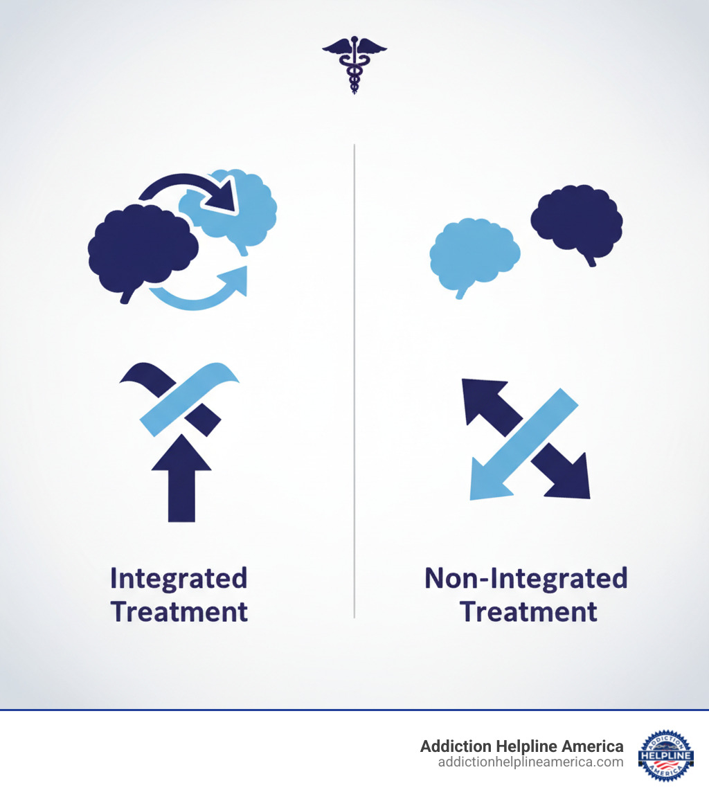 Table comparing integrated vs. non-integrated treatment for dual diagnosis - free rehab centers in riverside county infographic  Table comparing integrated vs. non-integrated treatment for dual diagnosis - free rehab centers in riverside county infographic