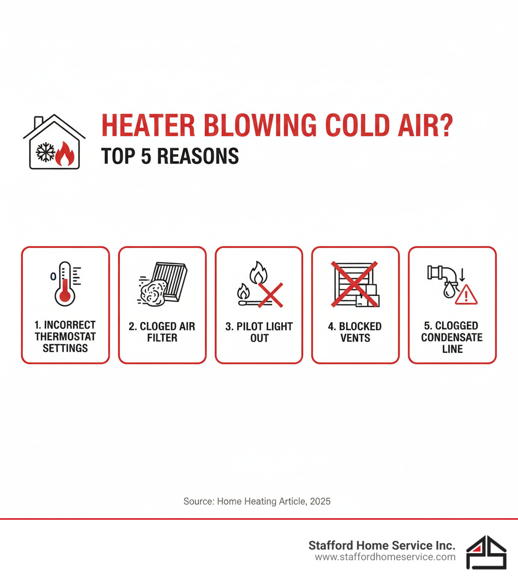 infographic detailing the top 5 reasons a heater blows cold air: incorrect thermostat settings, clogged air filter, pilot light out, blocked vents, clogged condensate line - heater blowing cold infographic infographic detailing the top 5 reasons a heater blows cold air: incorrect thermostat settings, clogged air filter, pilot light out, blocked vents, clogged condensate line - heater blowing cold infographic