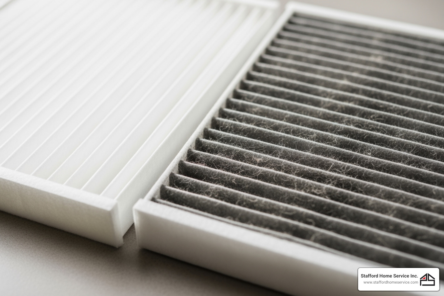 a comparison showing a clean, white furnace filter next to a dirty, grey one - heater blowing cold a comparison showing a clean, white furnace filter next to a dirty, grey one - heater blowing cold