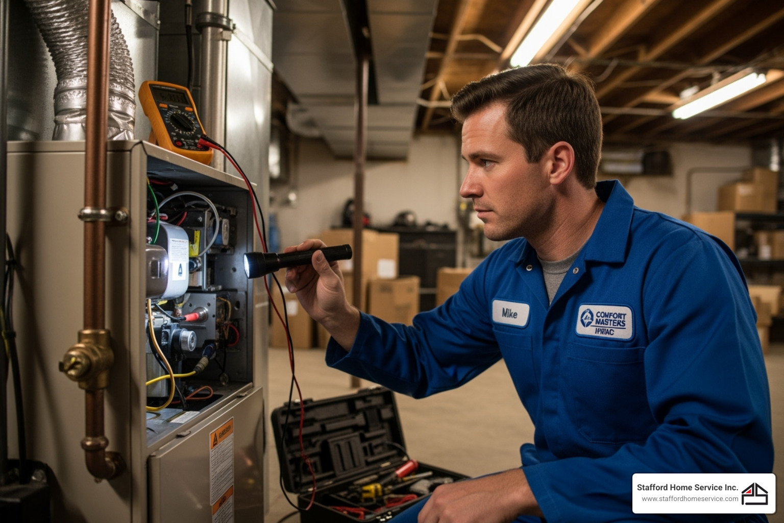 a professional hvac technician inspecting a furnace - heater blowing cold a professional hvac technician inspecting a furnace - heater blowing cold