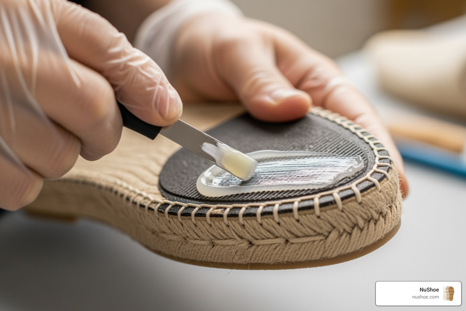 applying glue to espadrille sole - espadrille sole repair applying glue to espadrille sole - espadrille sole repair