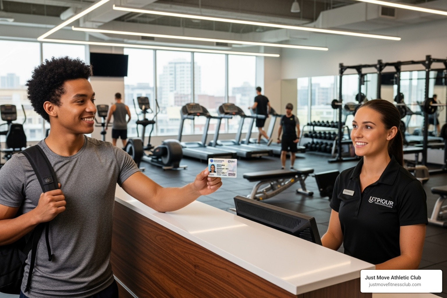 student showing an ID at a gym front desk - Spin class prices student showing an ID at a gym front desk - Spin class prices