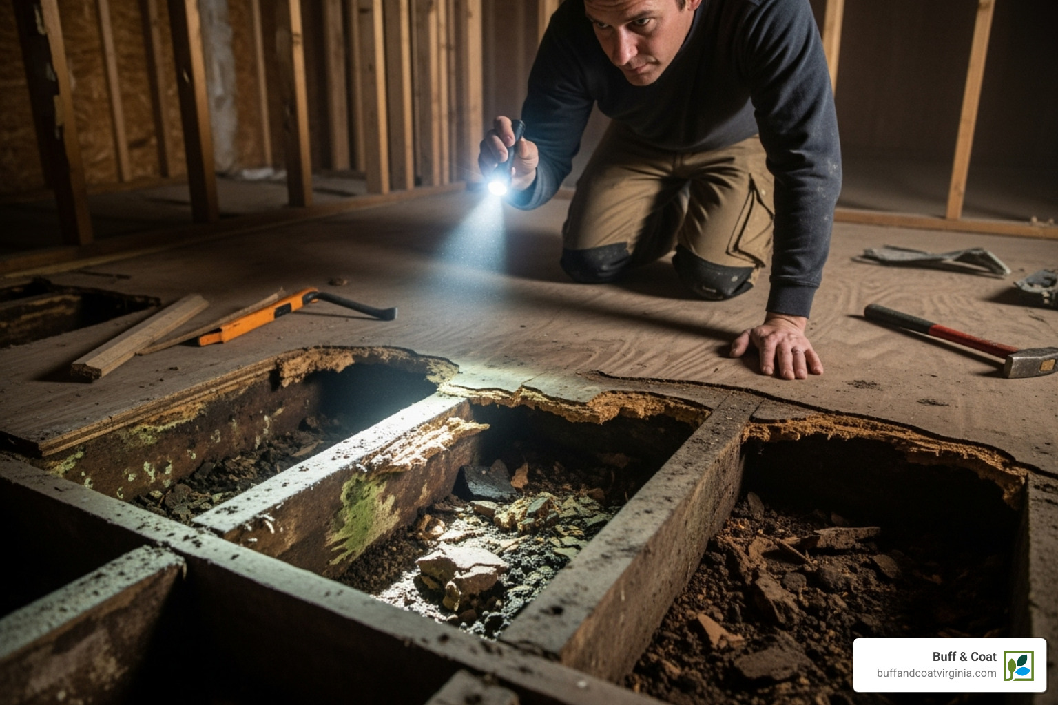 Damaged subfloor being inspected - cost of replacing wood floor planks Damaged subfloor being inspected - cost of replacing wood floor planks