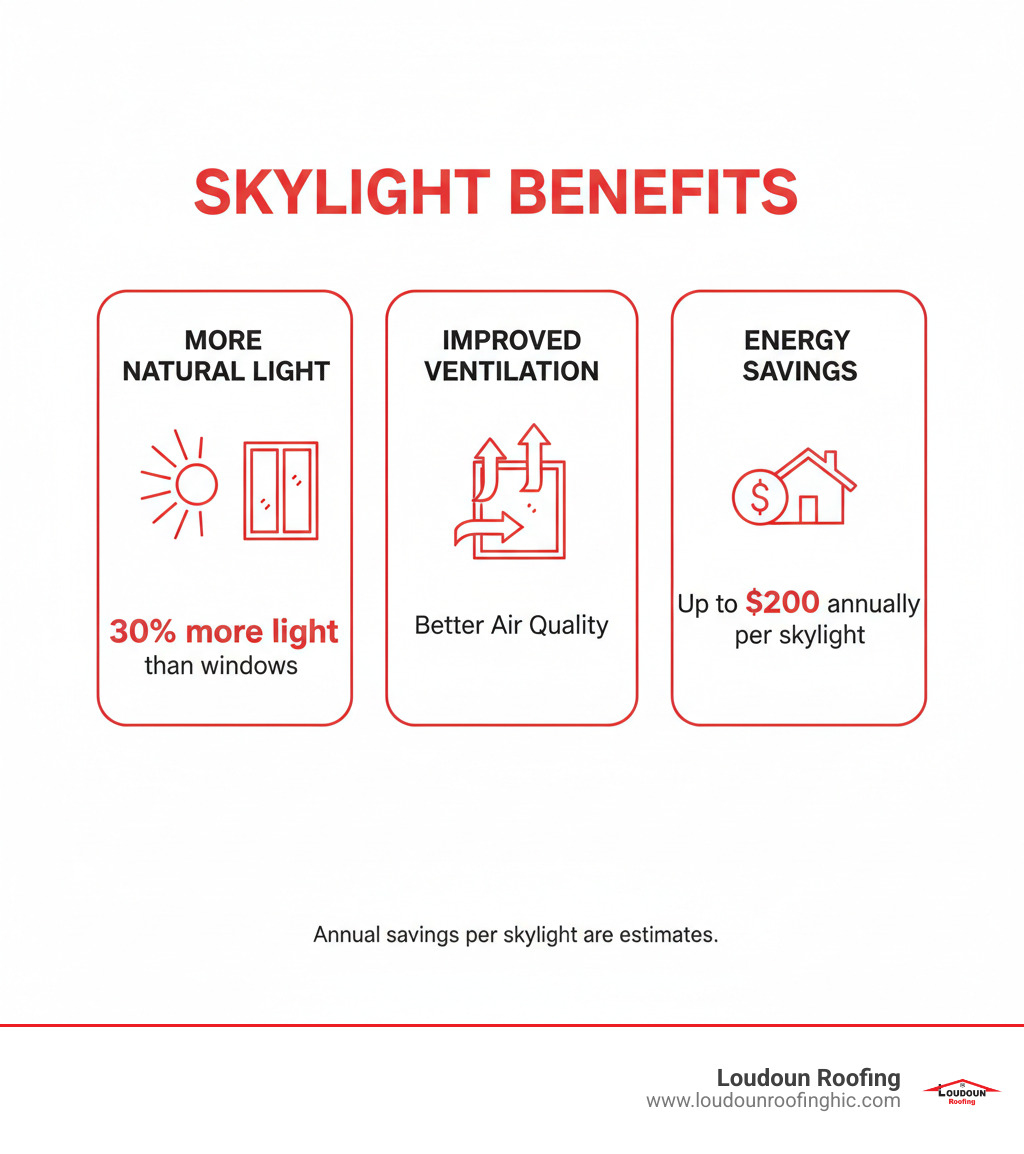 Comprehensive skylight installation benefits infographic showing three main advantages: 30% more natural light than traditional windows with sun rays illustration, improved ventilation and air quality with airflow arrows, and energy savings up to $200 annually per skylight with dollar sign and house icon - skylight installation infographic 