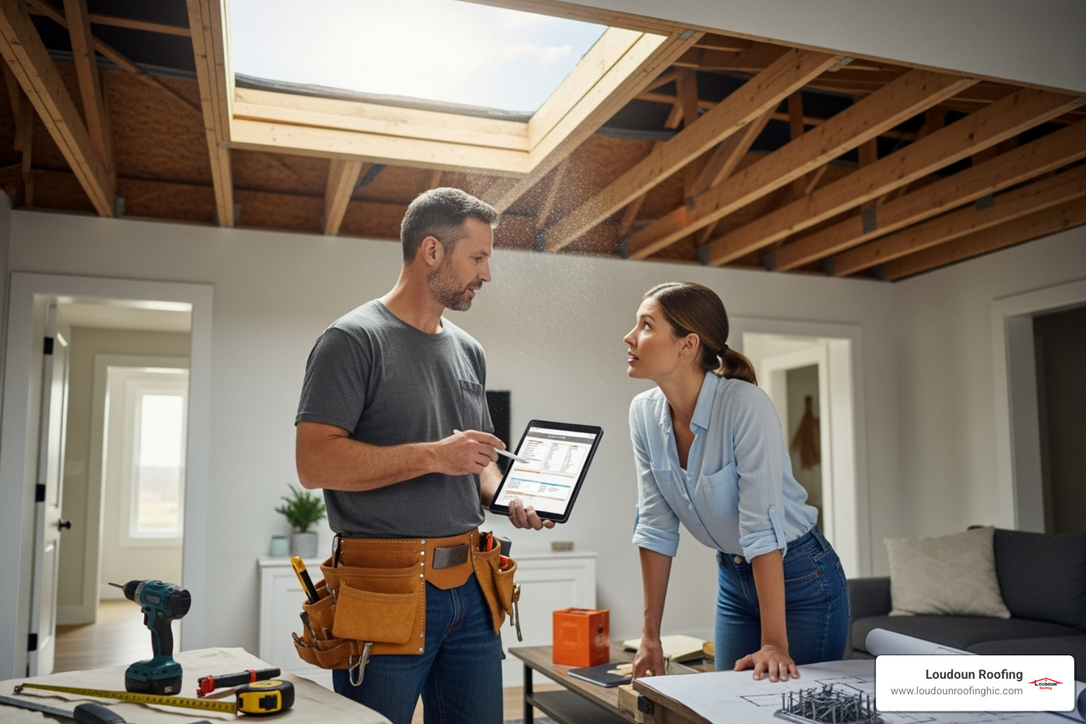 A professional roofer discussing a skylight installation estimate with a homeowner - skylight installation