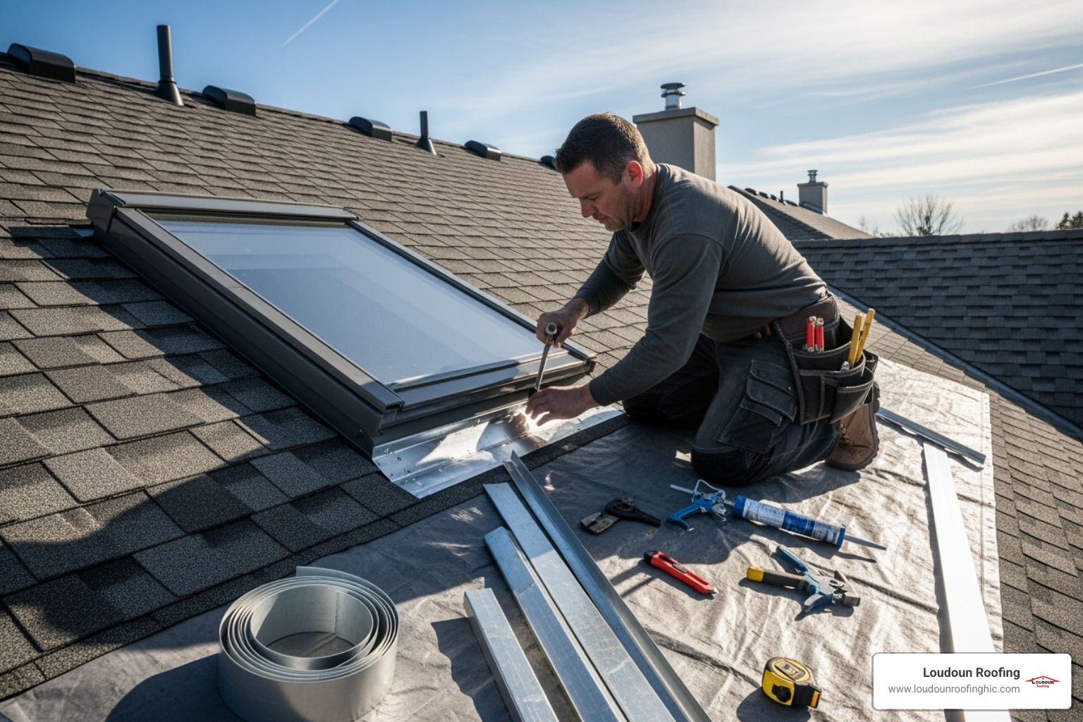 Professional roofer carefully installing flashing around a newly installed skylight on a roof - skylight installation