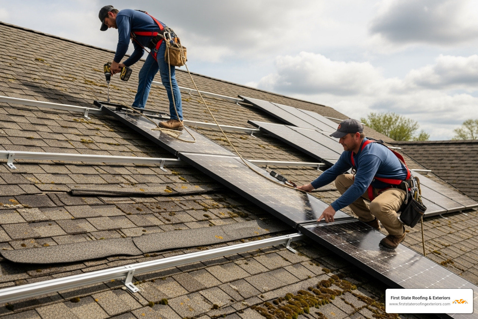 workers carefully detaching solar panels from an older roof before a replacement - cost to replace roof with solar panels workers carefully detaching solar panels from an older roof before a replacement - cost to replace roof with solar panels