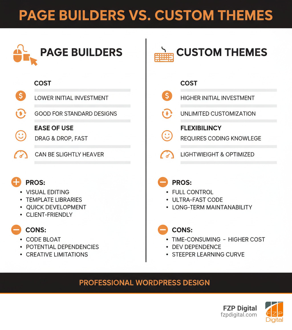 Infographic comparing Page Builders vs. Custom Themes on factors like Cost, Flexibility, Ease of Use, and Performance, with clear pros and cons for each. - professional WordPress design infographic 