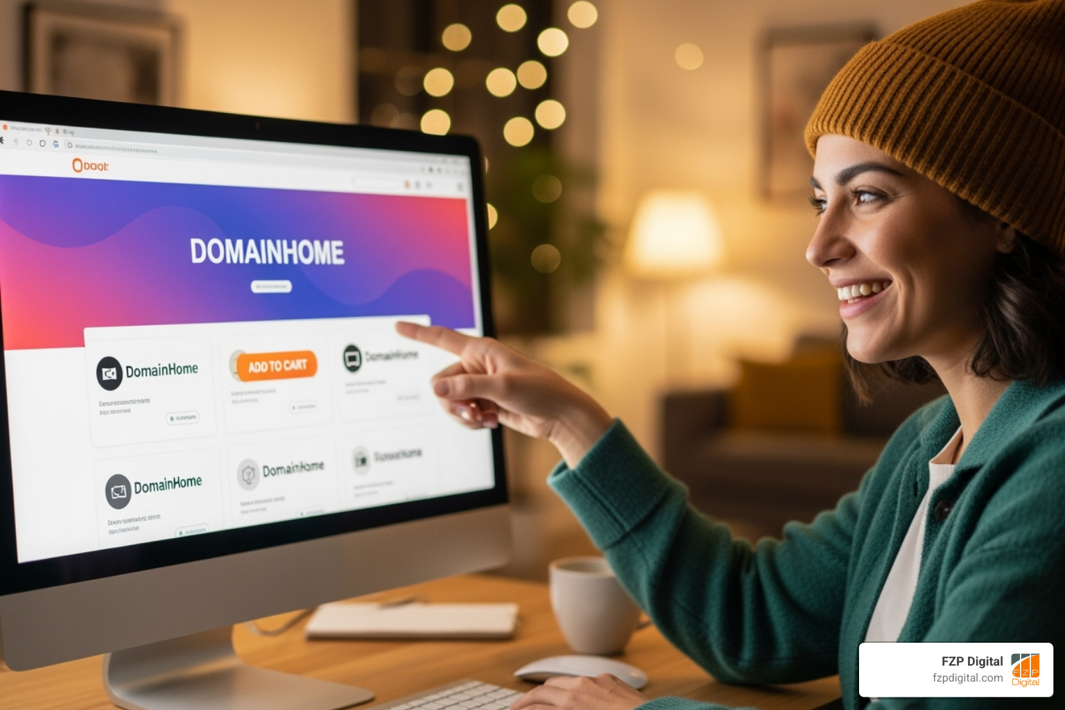 A person happily choosing a domain name on a screen, with a bright, warm, and inviting expression. - professional WordPress design