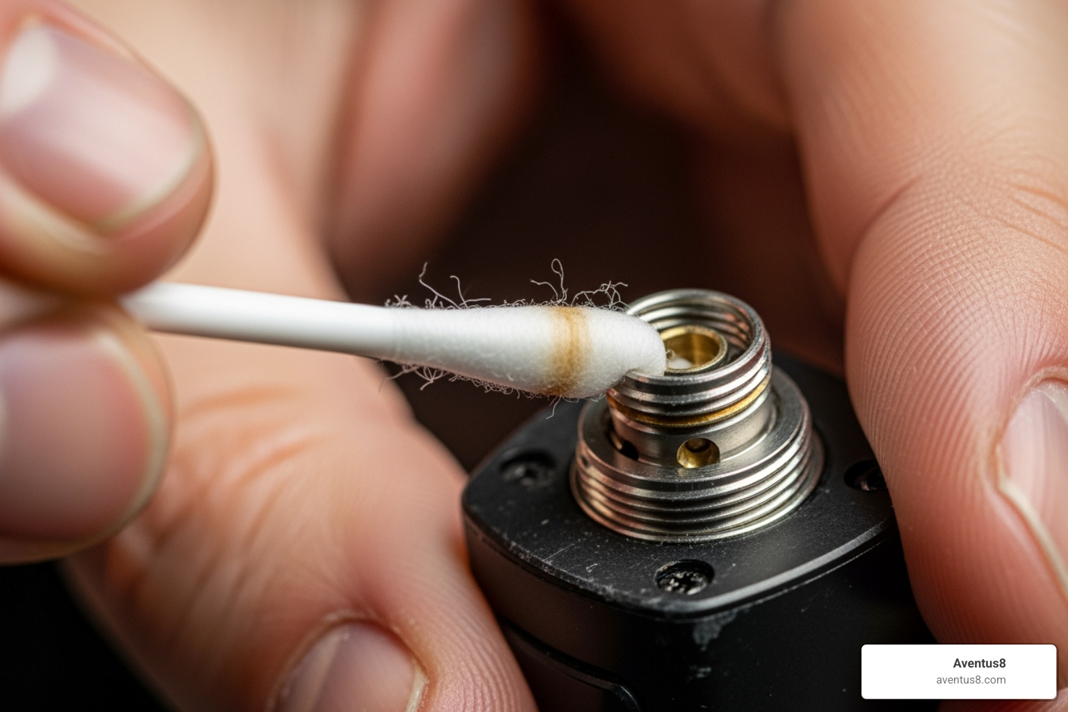 A close-up of a hand cleaning the 510-thread contact point of a vape battery with a cotton swab and isopropyl alcohol - THC batteries and accessories