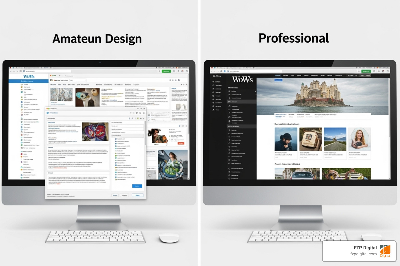 A gallery of diverse WordPress theme styles, showcasing modern, minimalist, and vibrant designs, with people looking at them happily. - professional WordPress design