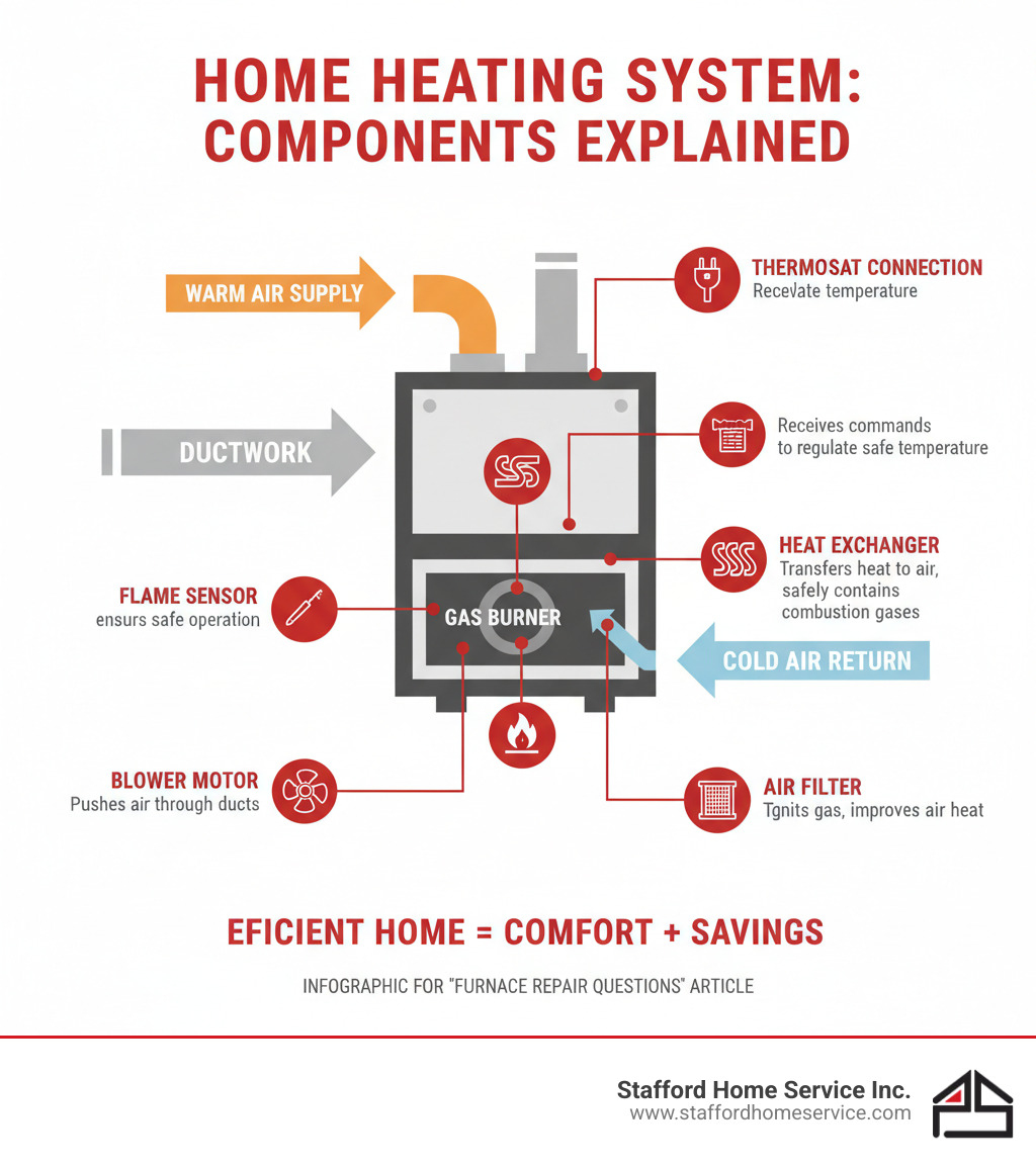 detailed infographic showing the main components of a residential furnace system including the heat exchanger, blower motor, gas burner, flame sensor, air filter, thermostat connection, and ductwork, with callouts explaining how each part contributes to home heating - furnace repair questions infographic 