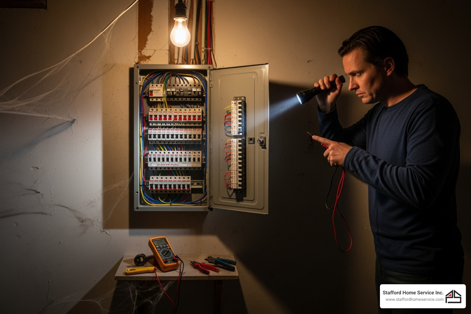 homeowner checking their home's circuit breaker panel - furnace repair questions
