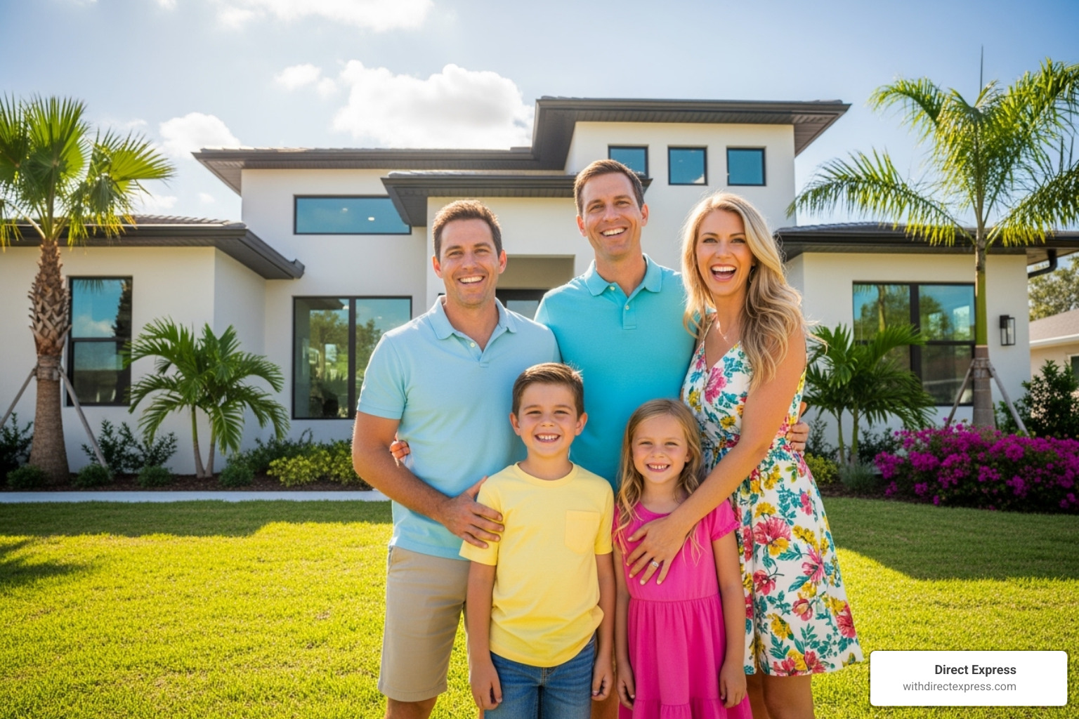Happy family in front of their newly built St. Petersburg home - New home construction St. Petersburg
