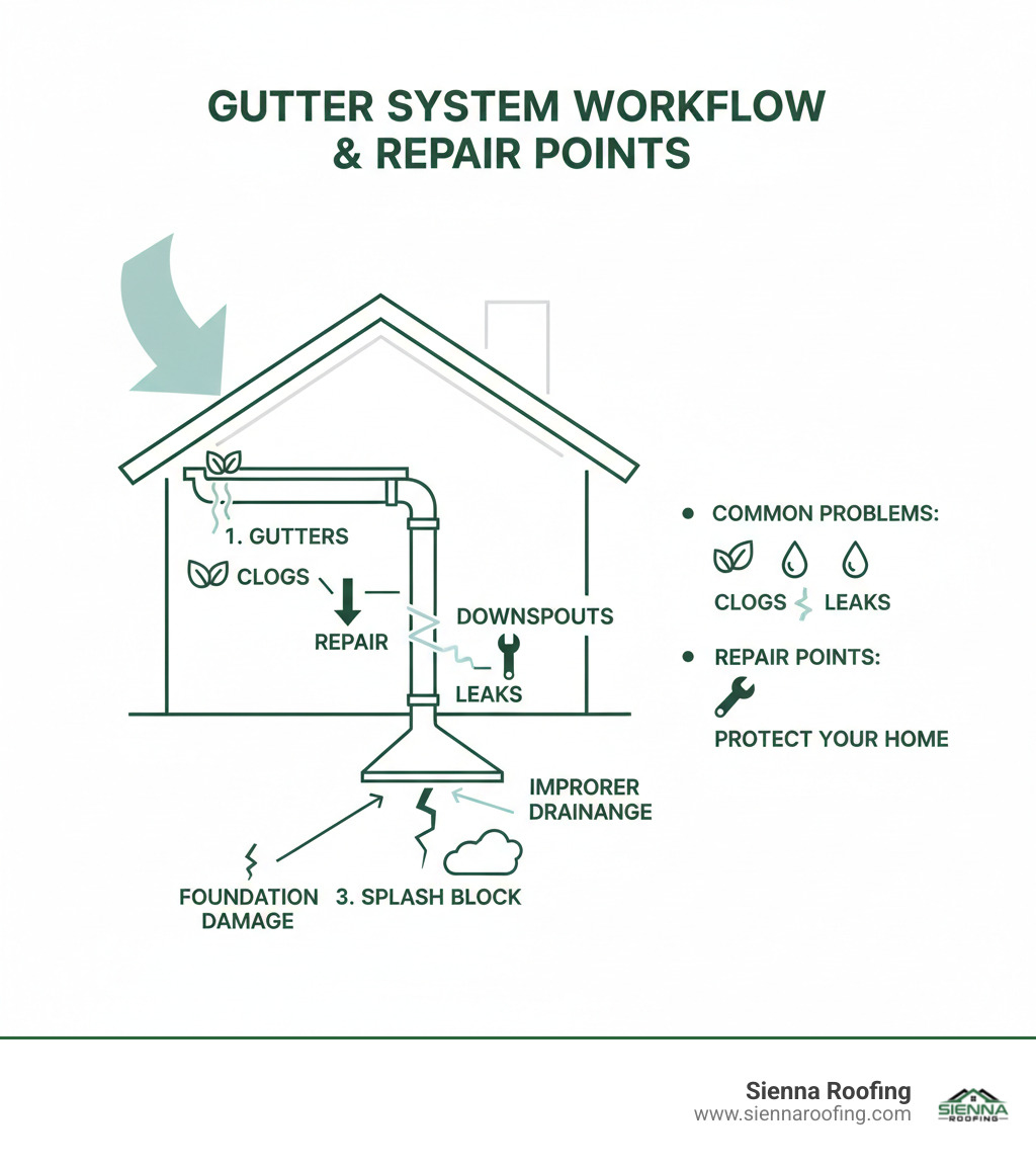 Comprehensive infographic showing the complete gutter system workflow from rainwater collection on the roof through gutters, downspouts, and splash blocks directing water safely away from the home's foundation, including common problem areas and repair points - roof and guttering repairs near me infographic Comprehensive infographic showing the complete gutter system workflow from rainwater collection on the roof through gutters, downspouts, and splash blocks directing water safely away from the home's foundation, including common problem areas and repair points - roof and guttering repairs near me infographic
