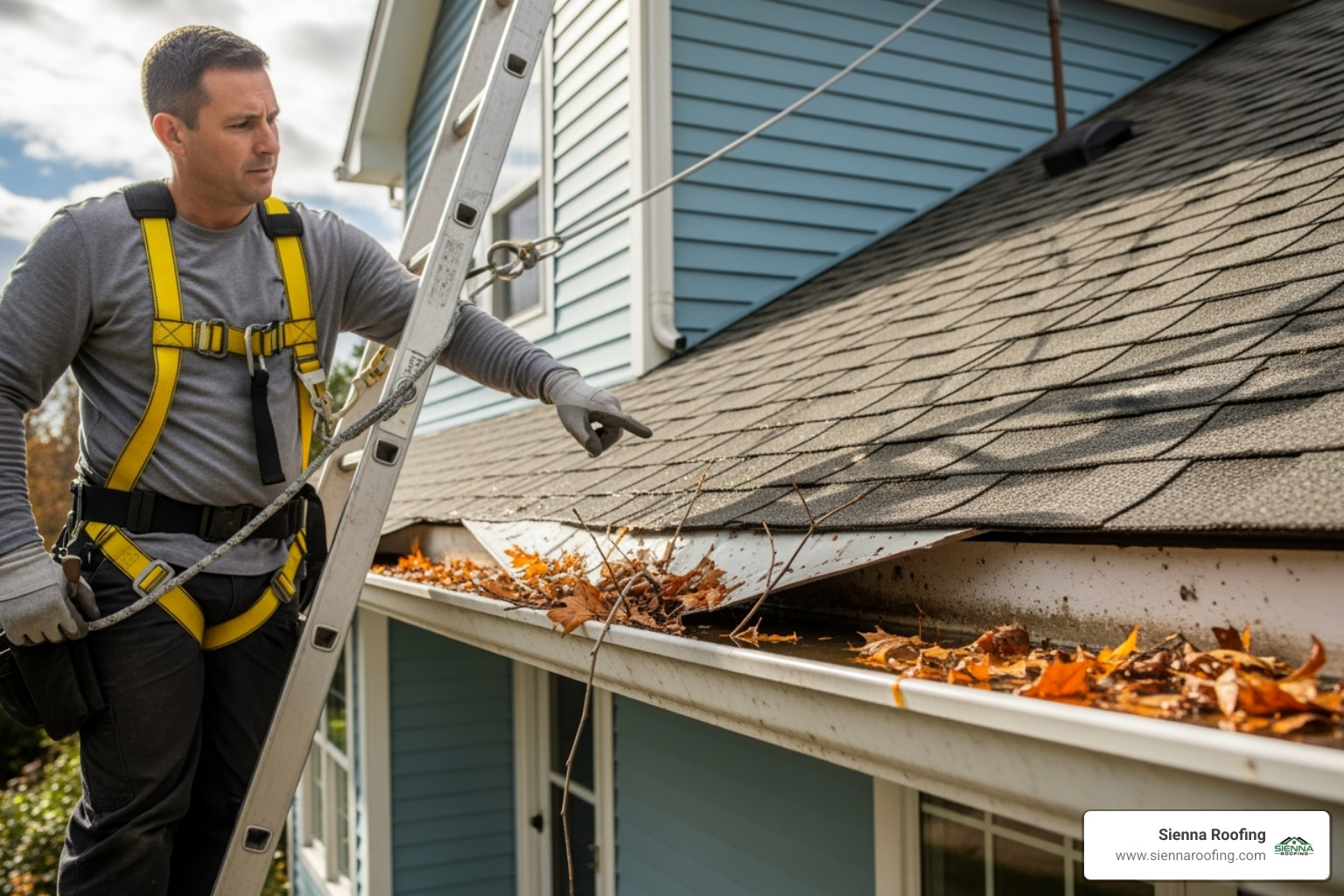 A professional roofer safely inspecting a sagging gutter filled with water and debris, highlighting the need for roof and guttering repairs. - roof and guttering repairs near me A professional roofer safely inspecting a sagging gutter filled with water and debris, highlighting the need for roof and guttering repairs. - roof and guttering repairs near me