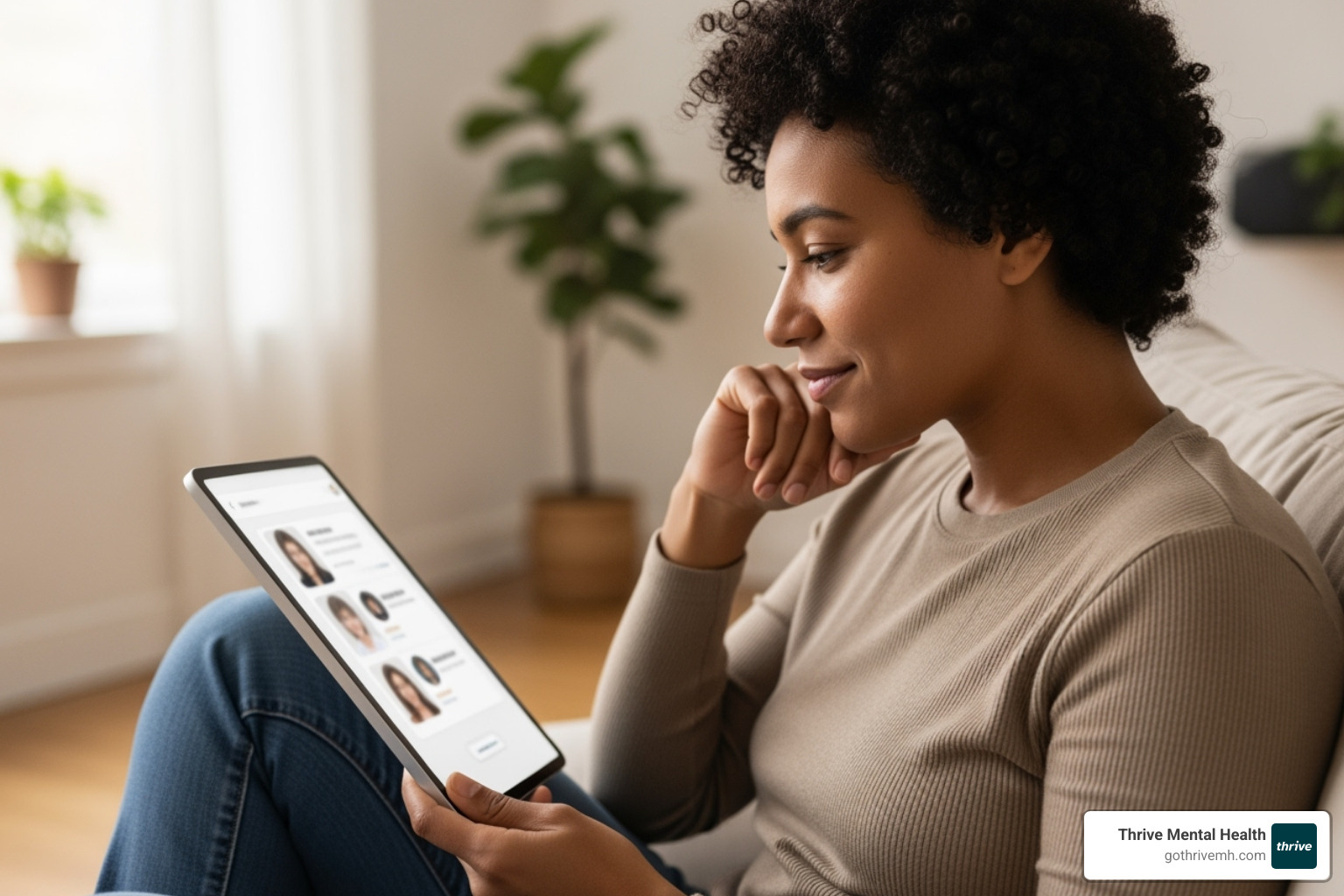 Person thoughtfully browsing therapist profiles on a tablet - virtual therapy for stress