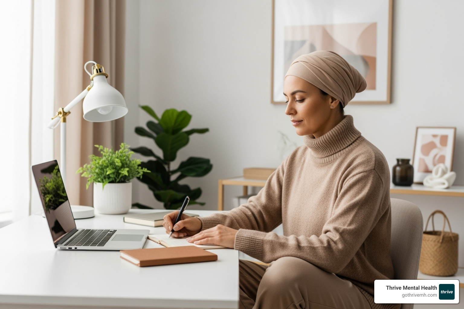 A person sitting comfortably in a well-lit, minimalist home office with a laptop, notebook, and a calming plant, focused and ready for an online therapy session. - online therapy for adults A person sitting comfortably in a well-lit, minimalist home office with a laptop, notebook, and a calming plant, focused and ready for an online therapy session. - online therapy for adults