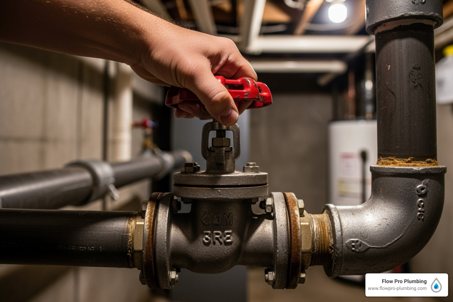 Hand turning a main water shut-off valve - pipe burst prevention Hand turning a main water shut-off valve - pipe burst prevention