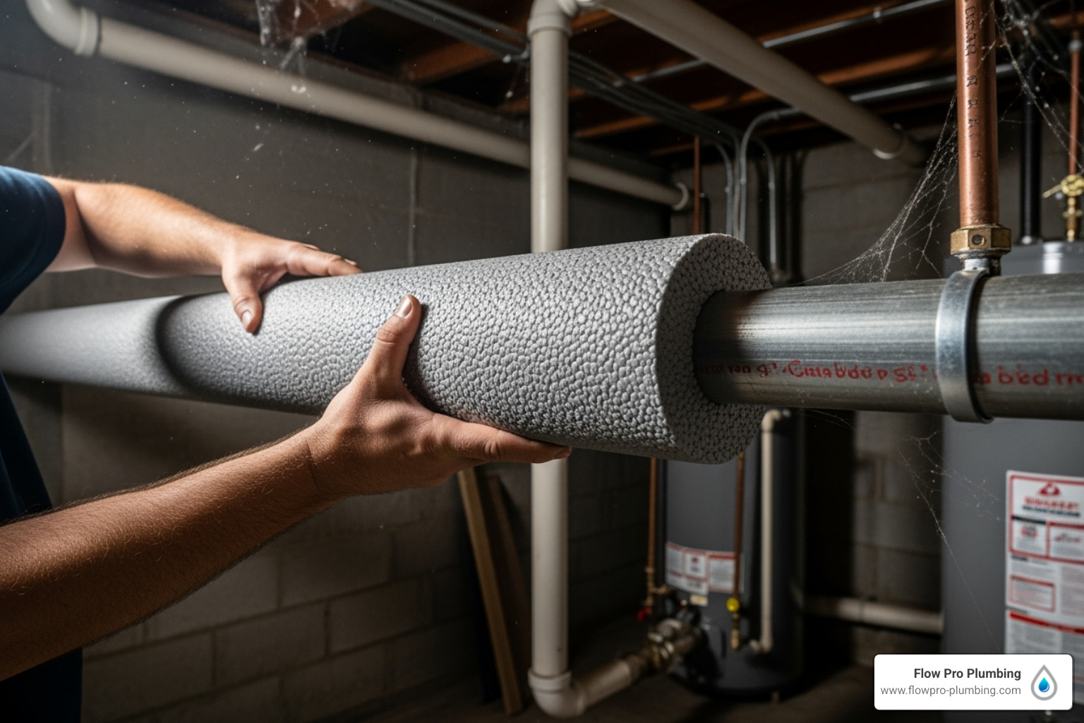 Foam insulation being wrapped around a pipe in a basement - pipe burst prevention Foam insulation being wrapped around a pipe in a basement - pipe burst prevention
