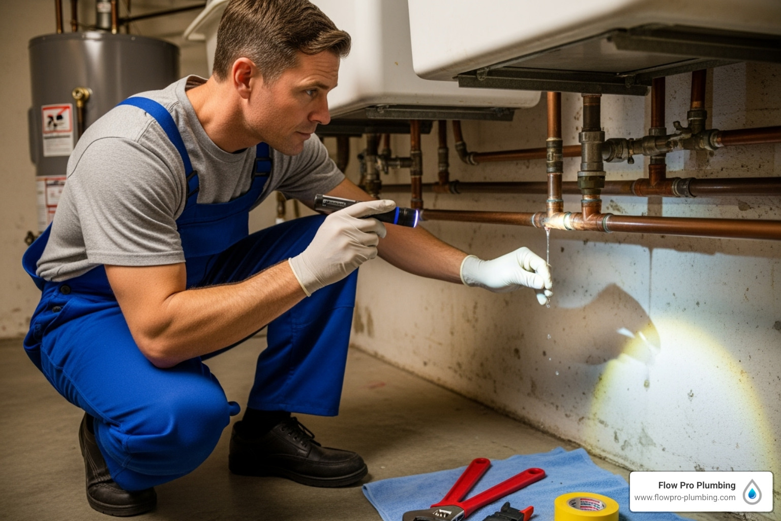 Professional plumber inspecting a pipe - pipe burst prevention Professional plumber inspecting a pipe - pipe burst prevention